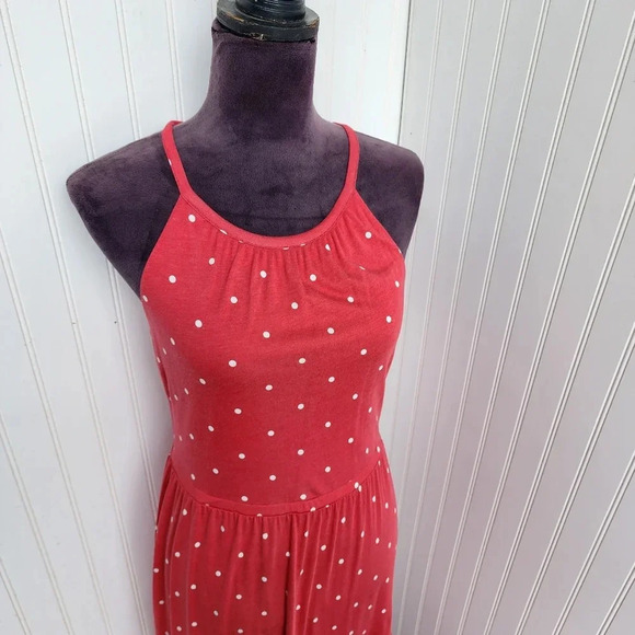 Old Navy Coral Polka Dot Pink Maxi Dress Sleeveless Dress Halter Keyhole Rayon S - Picture 3 of 14